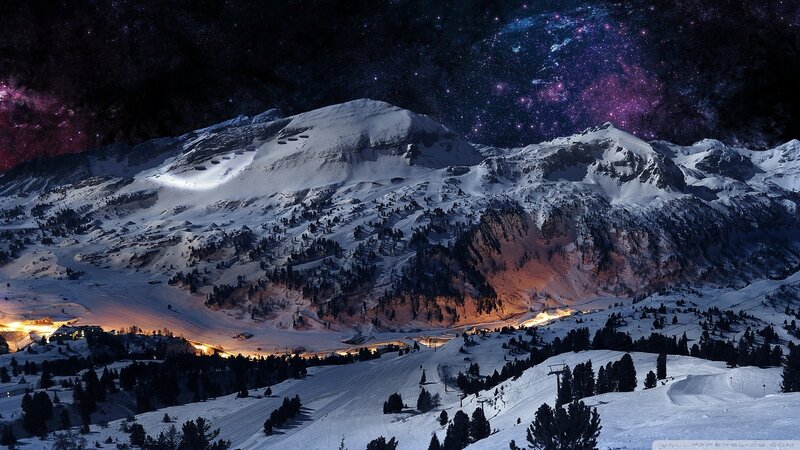Snowy Mountains at Night — Black, Dramatic, Digital Art, Stars