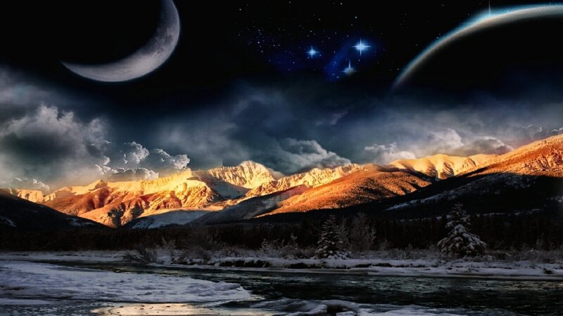 Snowy Mountains at Night — Black, Dramatic, Digital Art