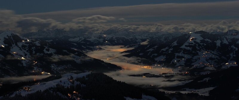 Snowy Mountains at Night — Black, Serene, Photograph, Clouds