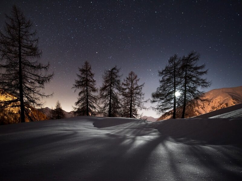 Snowy Mountains at Night — Black, Serene, Photograph
