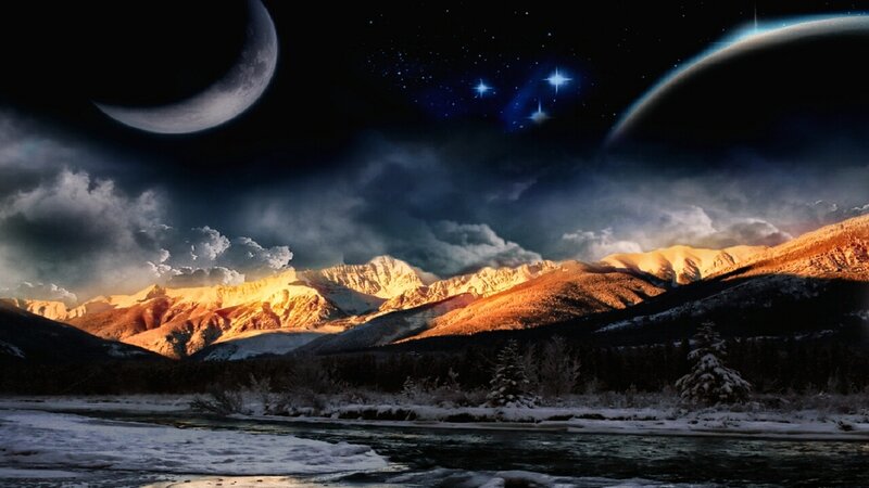 Snowy Mountains at Night — Black