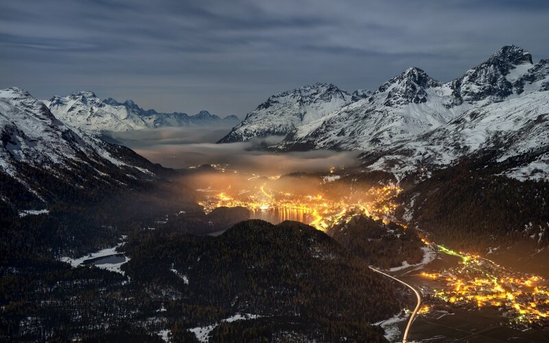 Snowy Mountains at Night — Blue, Dramatic, Photograph