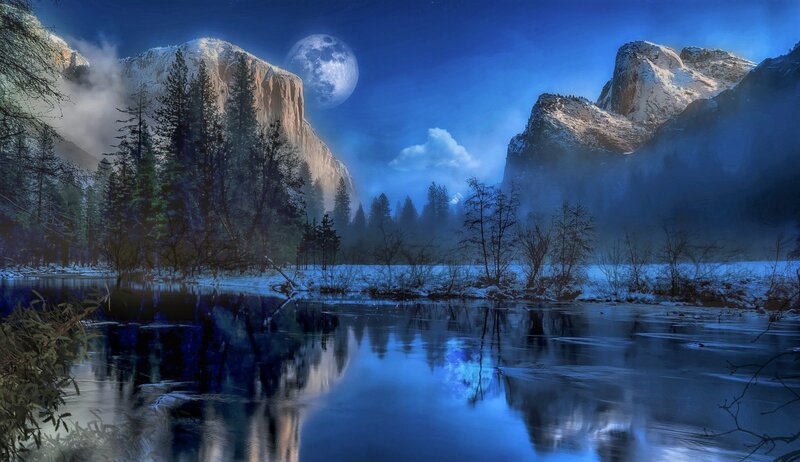 Snowy Mountains at Night — Blue, Serene, Digital Art