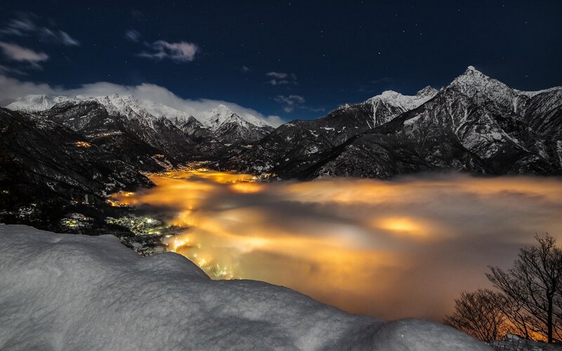 Snowy Mountains at Night — Blue, Serene, Photograph, Clouds