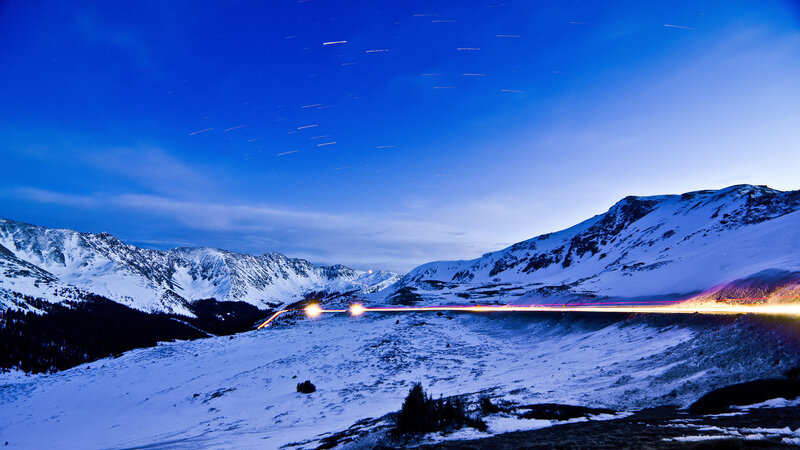 Snowy Mountains at Night — Blue, Serene, Photograph