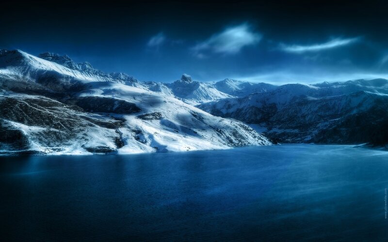 Snowy mountains at night