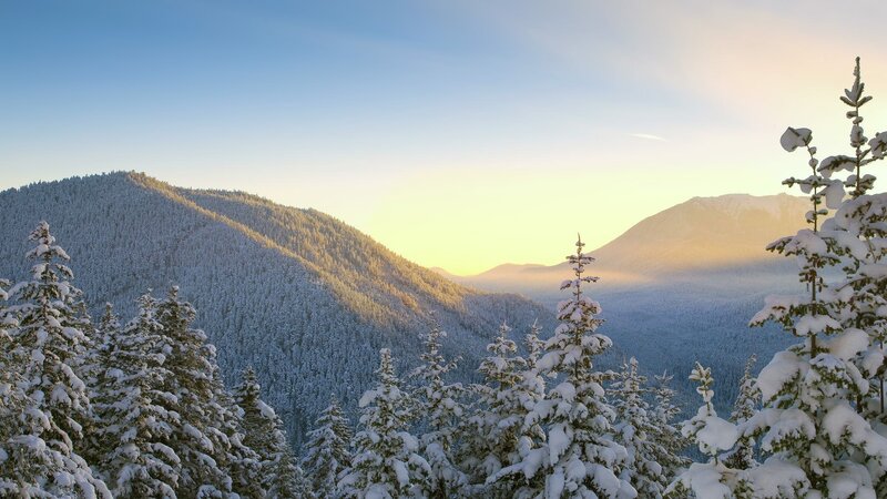 Snowy mountains at sunrise