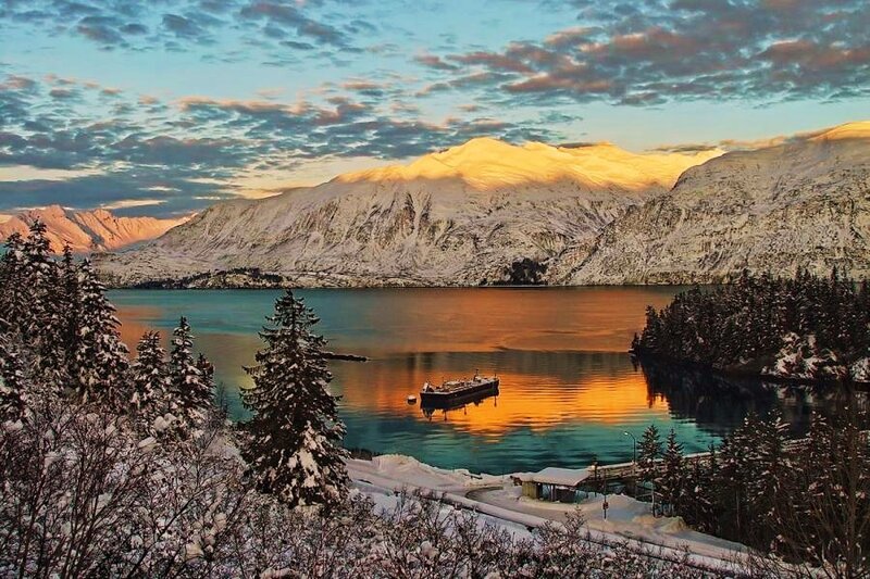 Snowy mountains at sunset