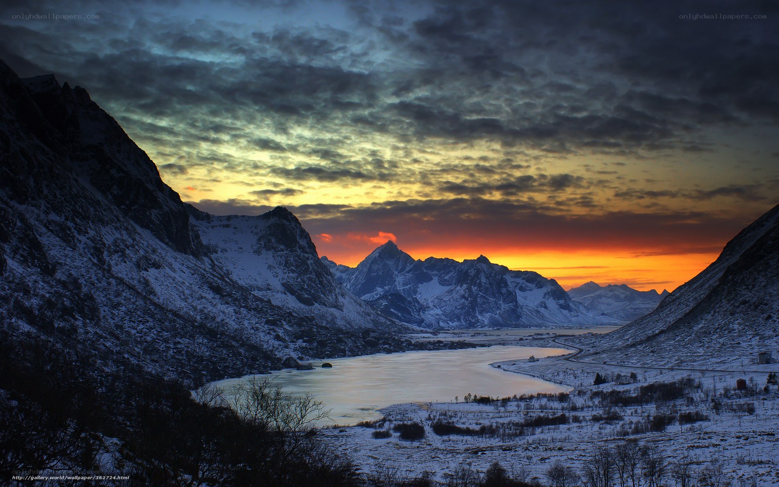 Snowy mountains at sunset