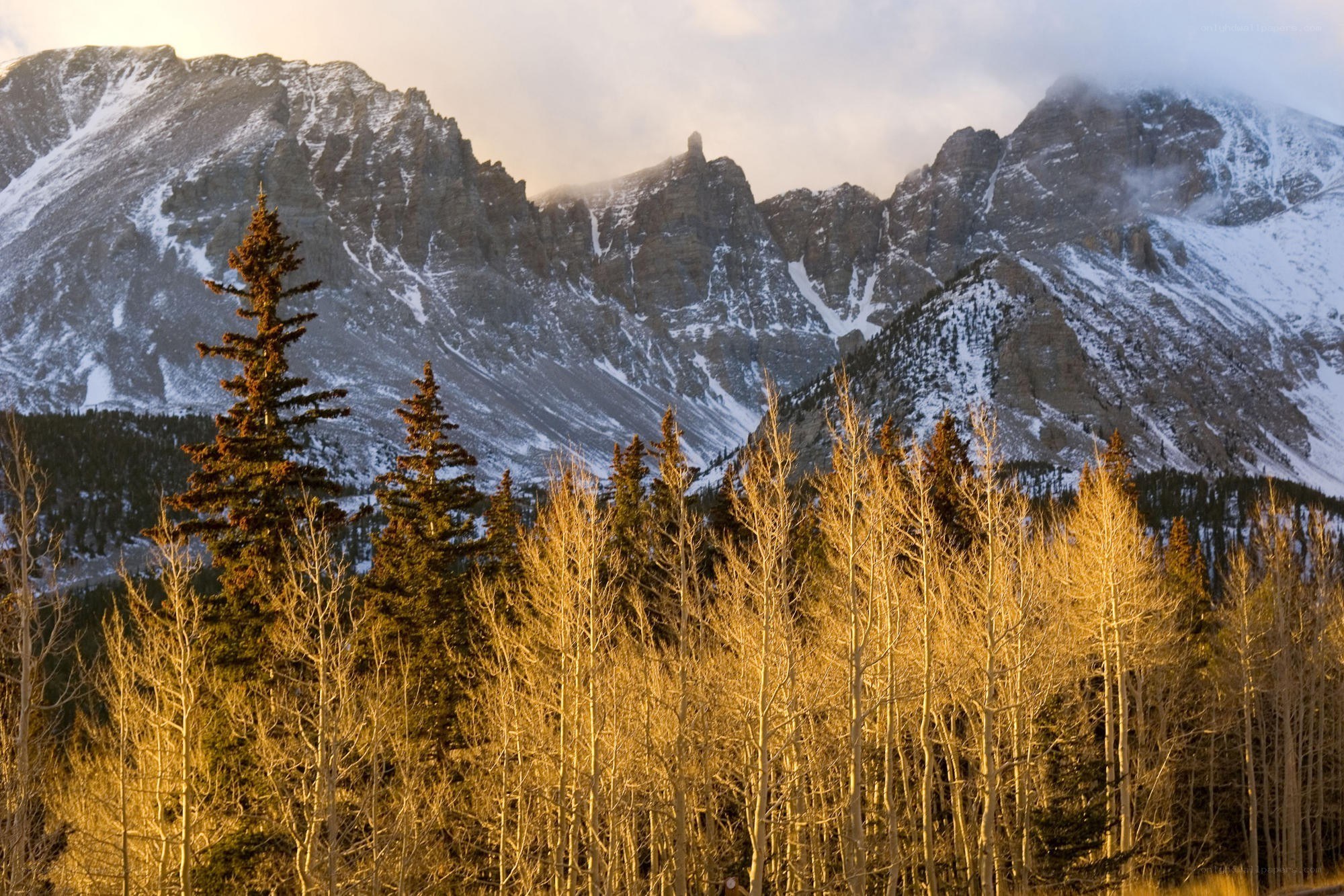 Snowy mountains at sunset