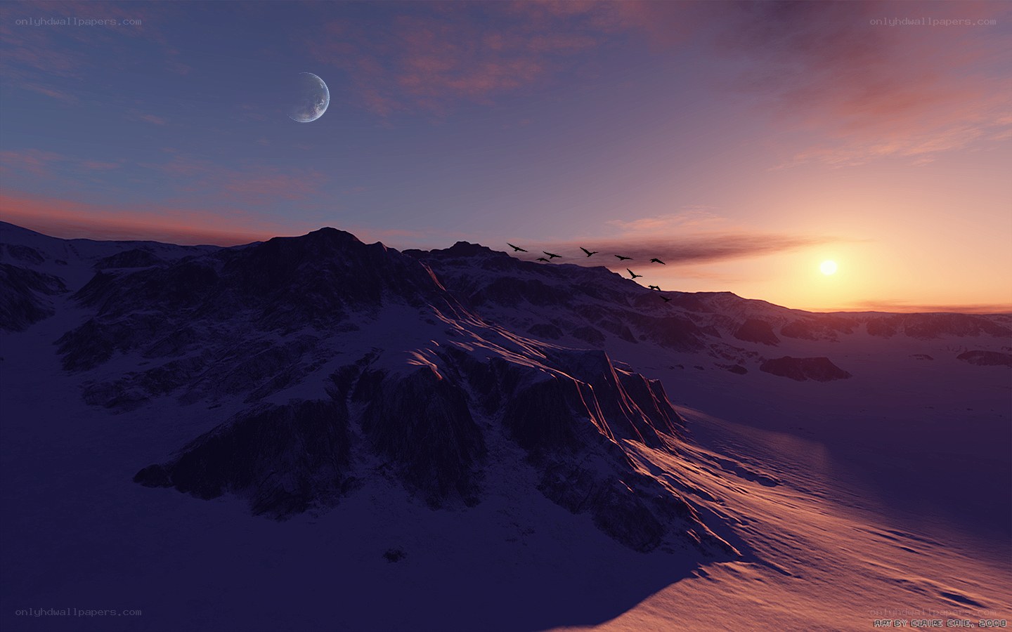 Snowy mountains at sunset