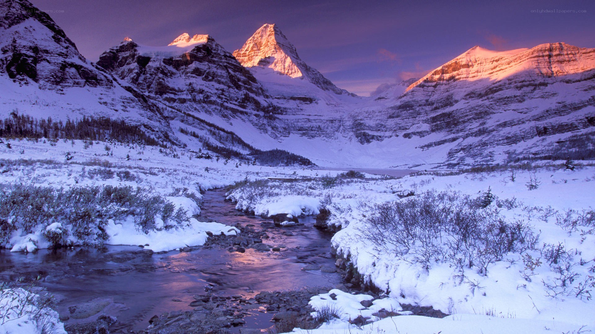 snowy mountains at sunset