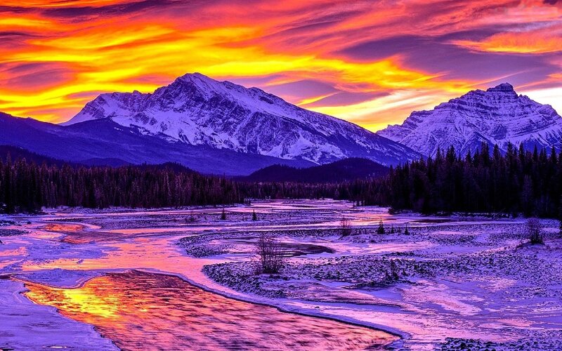 Snowy Mountains at Sunset — Purple, Dramatic