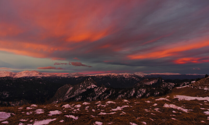 Snowy Mountains at Sunset — Red