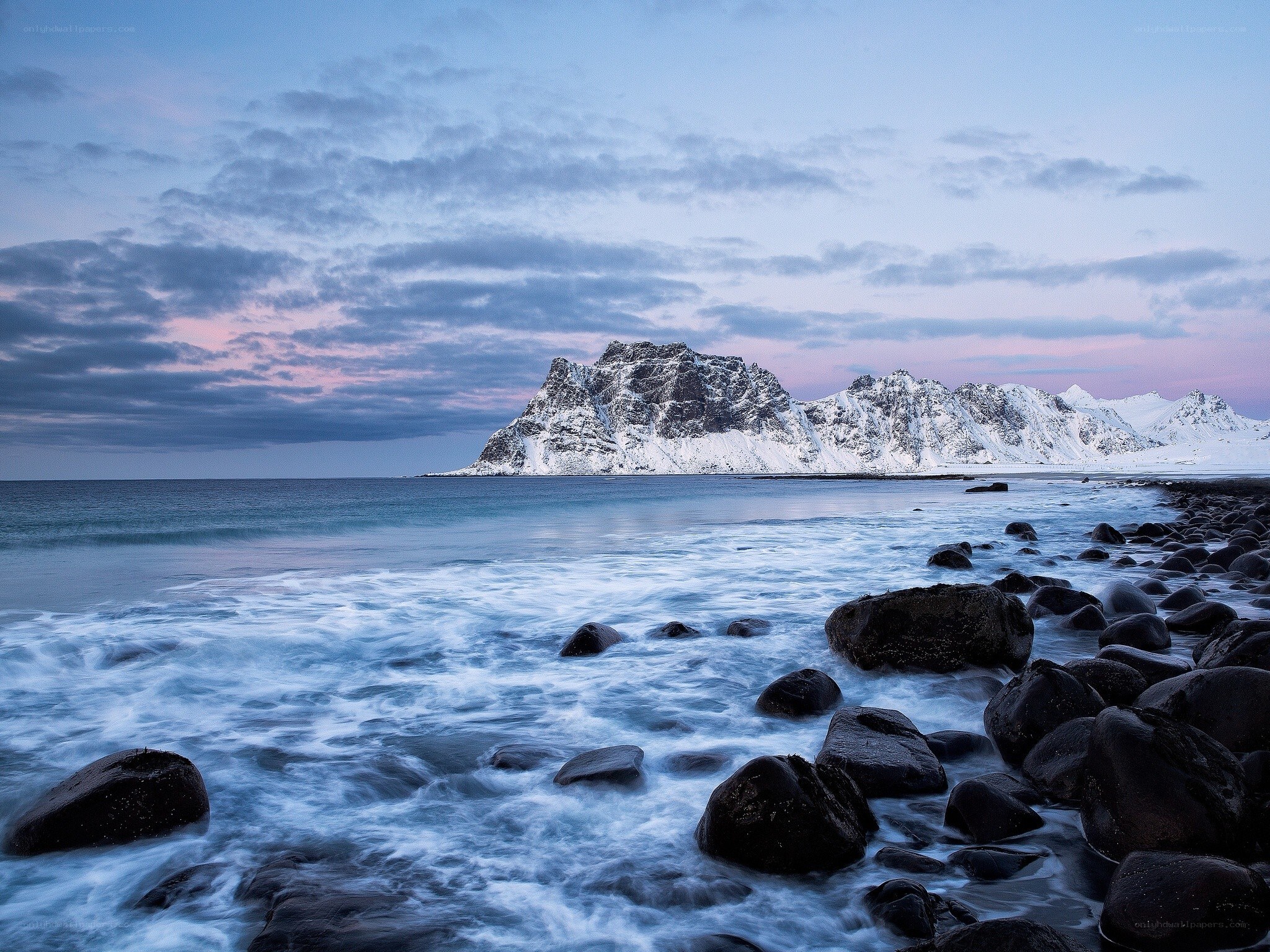 Snowy mountains at twilight