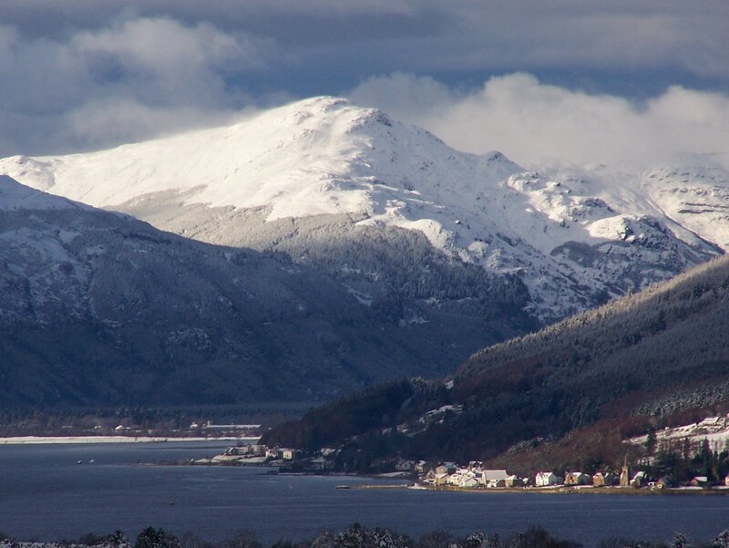 snowy mountains by a lake