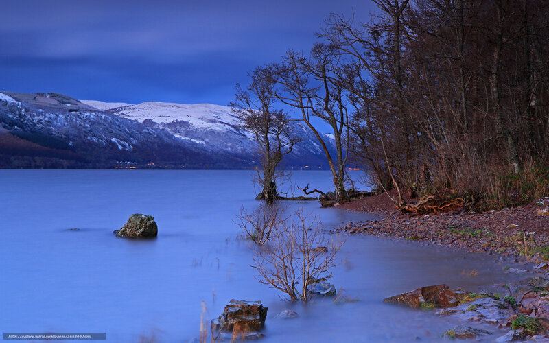 Snowy mountains by a lake