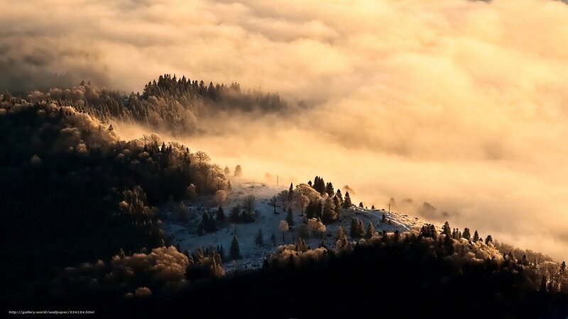 Snowy Mountains in Golden Fog
