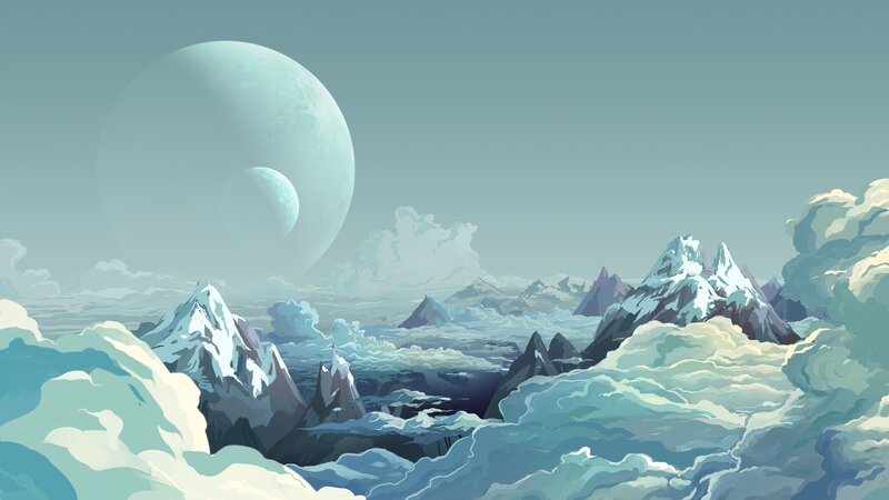 Snowy Mountains Landscape — Blue, Serene, Digital Art, Clouds