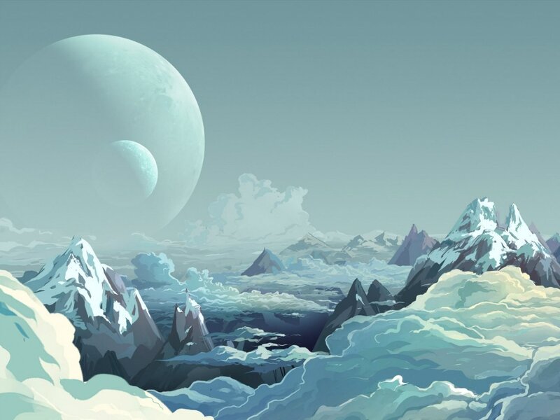 Snowy Mountains Landscape — Blue, Serene, Digital Art