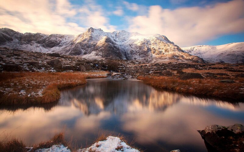 Snowy mountains reflect in a calm lake