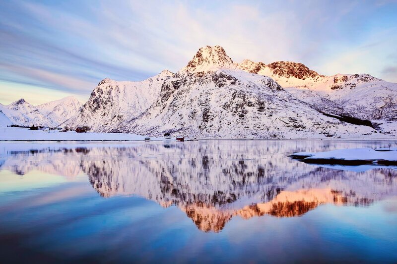 Snowy mountains reflect in calm water