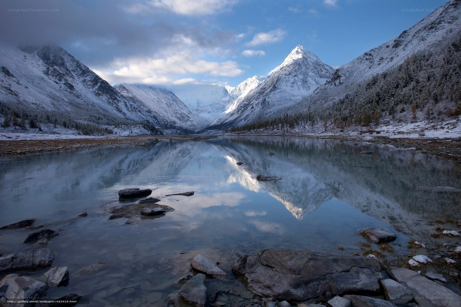 Snowy mountains reflect in lake