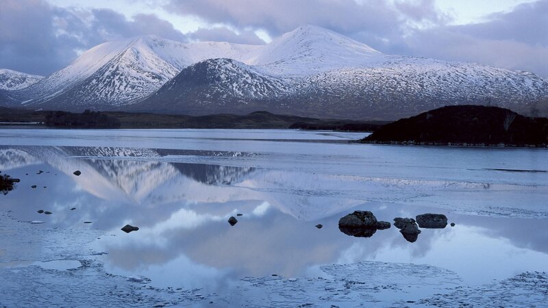 Snowy mountains reflected in a lake
