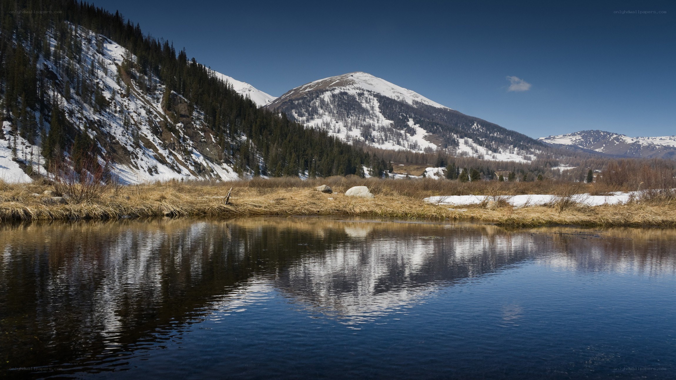 Snowy mountains reflected in a lake