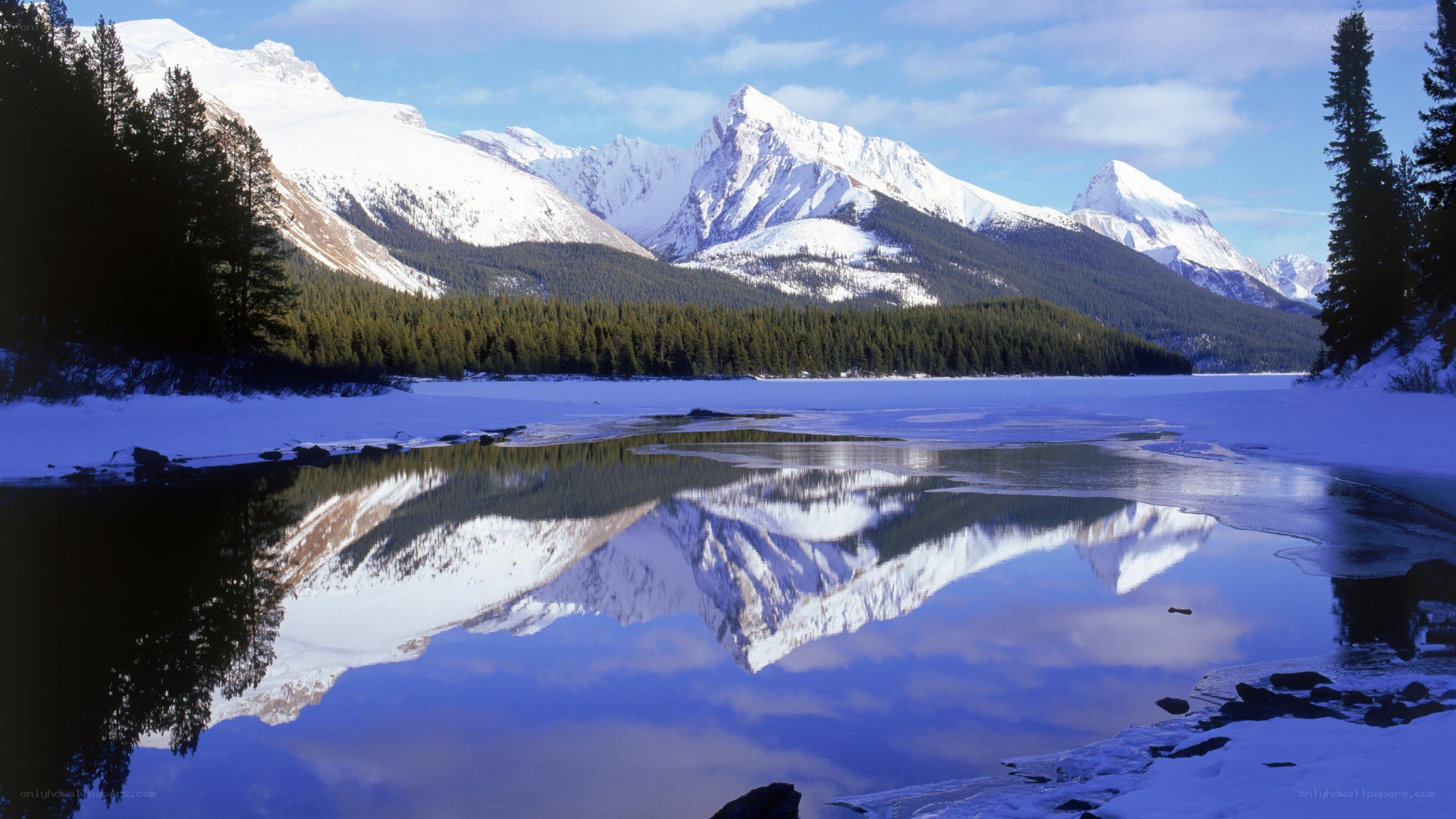 Snowy mountains reflected in a lake