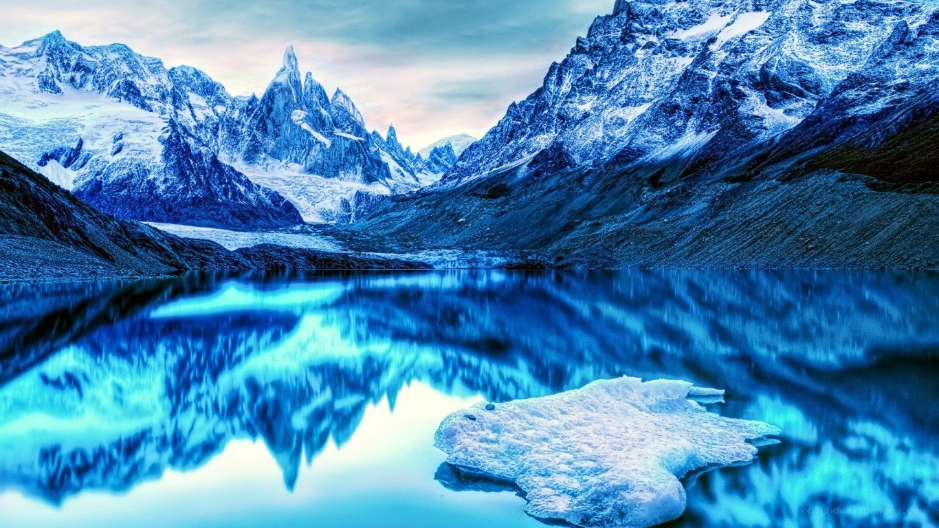 Snowy mountains reflected in a lake