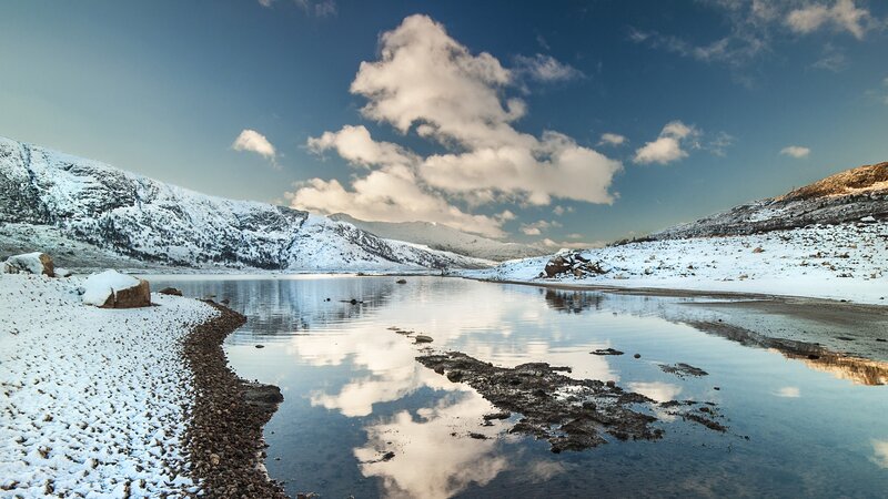 Snowy mountains reflected in a lake