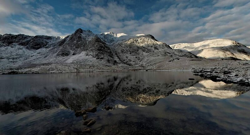 snowy mountains reflected in a lake