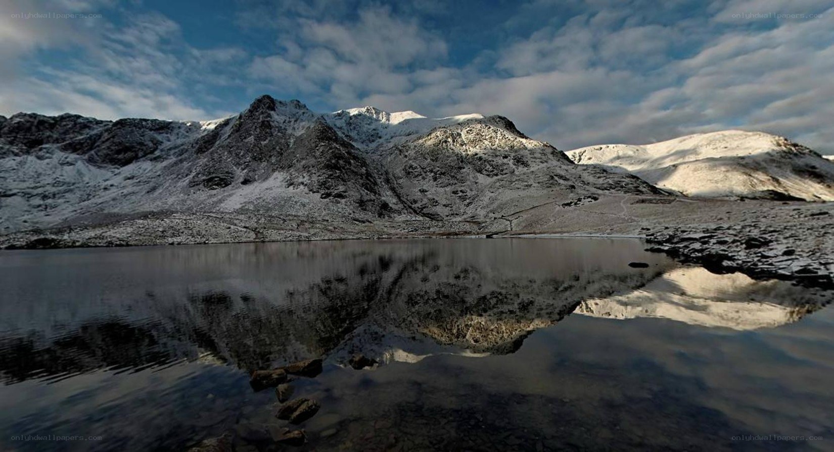 snowy mountains reflected in a lake