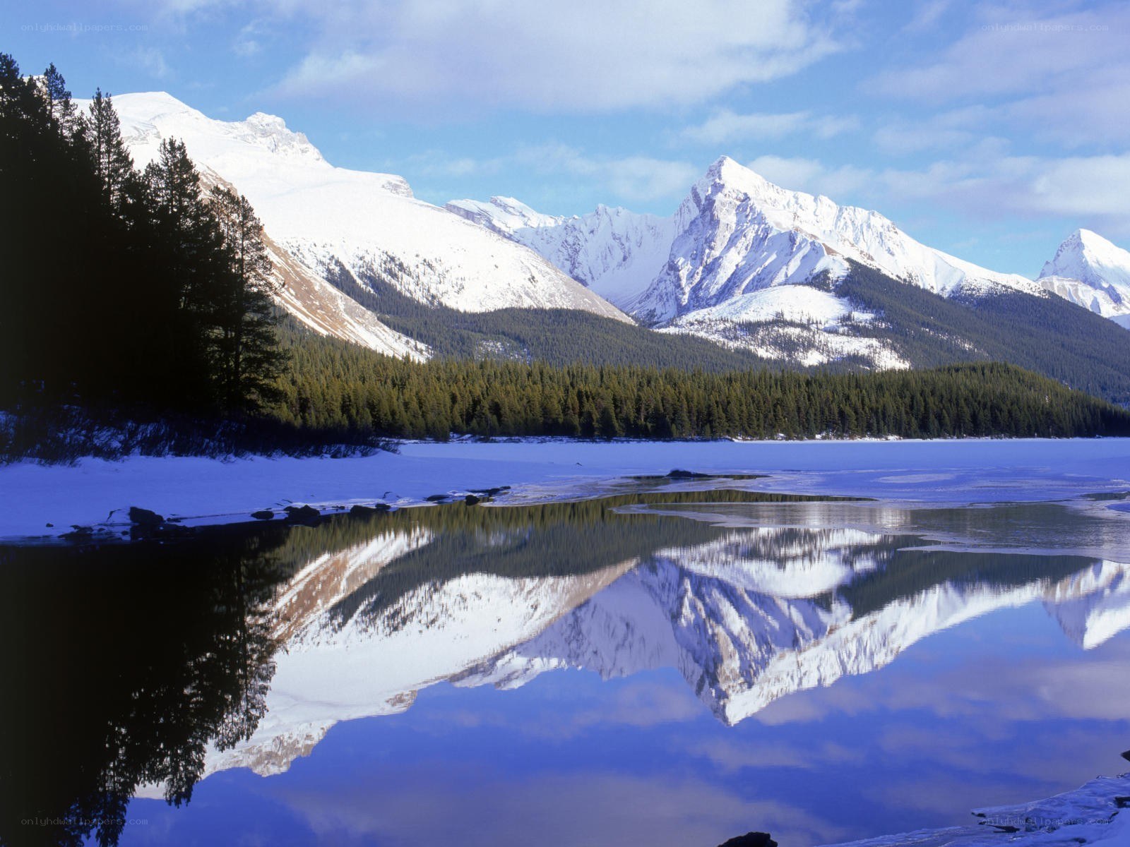 Snowy mountains reflected in a lake