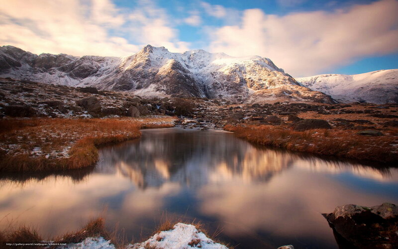 Snowy mountains reflected in a lake