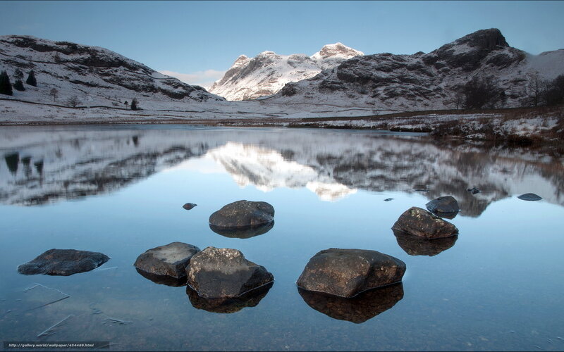 Snowy mountains reflected in a lake