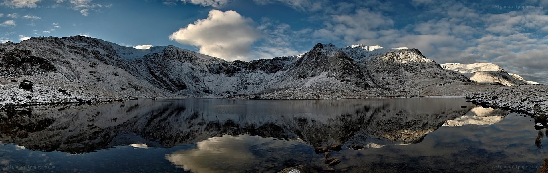 snowy mountains reflected in lake
