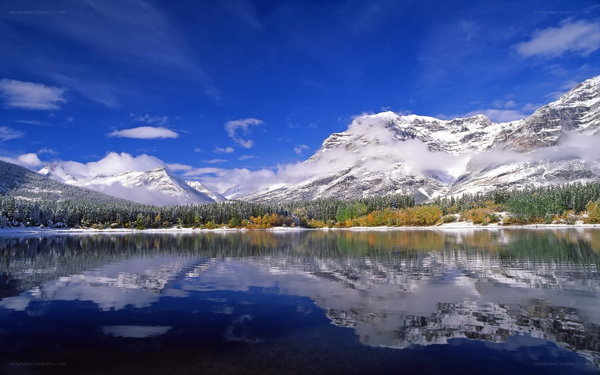 Snowy mountains reflected in lake