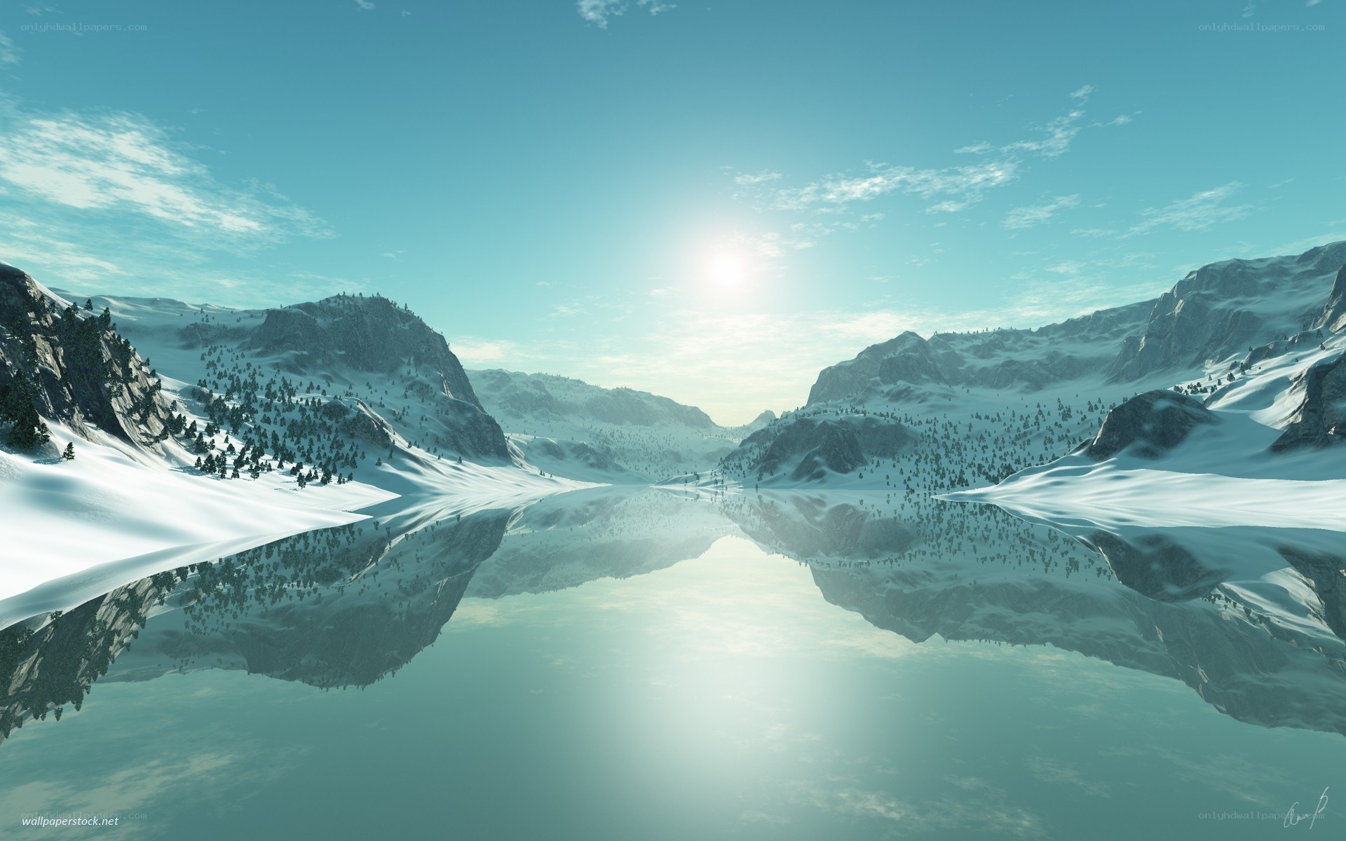 Snowy mountains reflected in lake