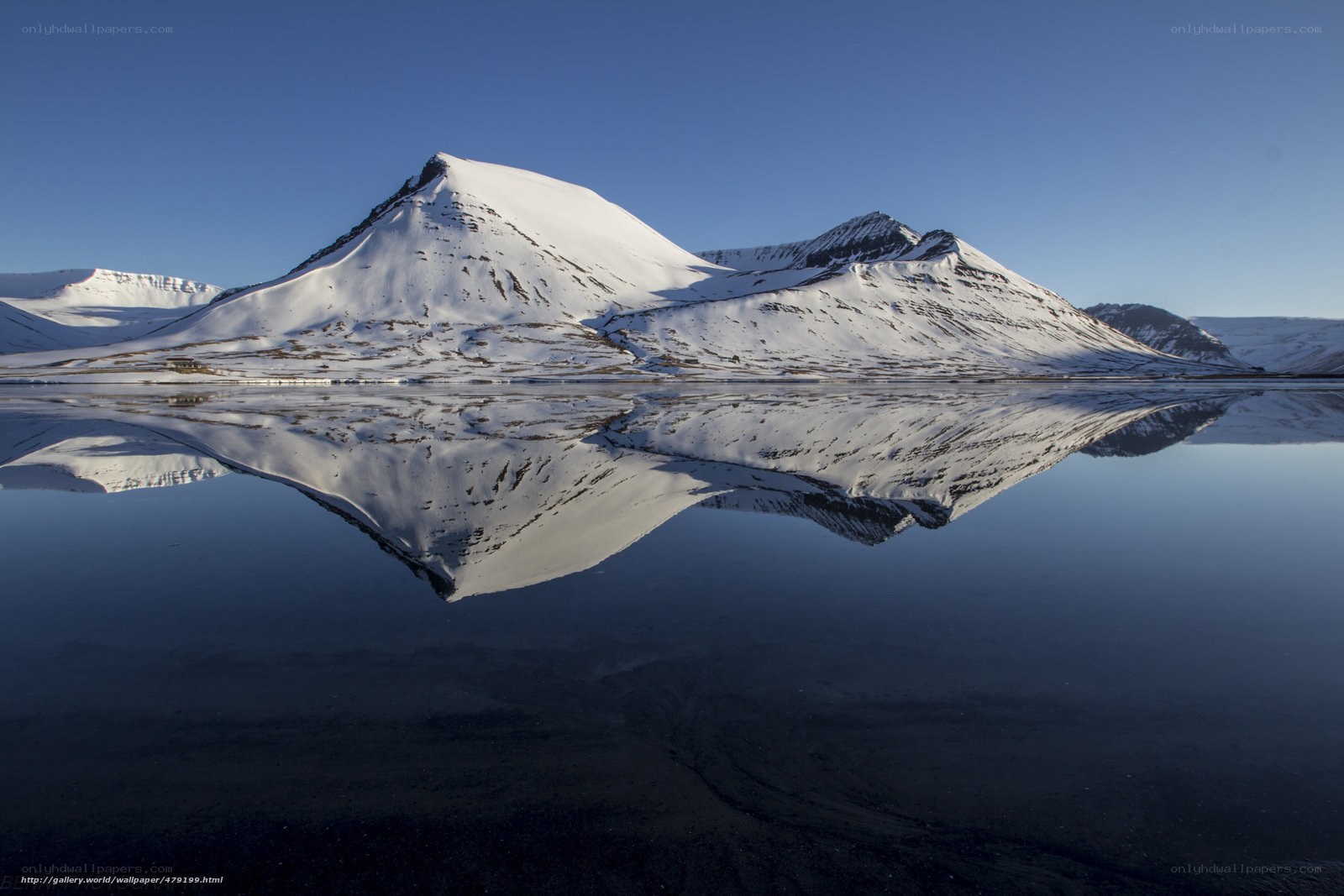 Snowy mountains reflected in water