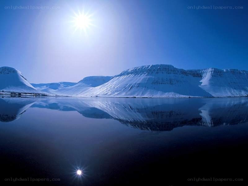 Snowy mountains reflected in water