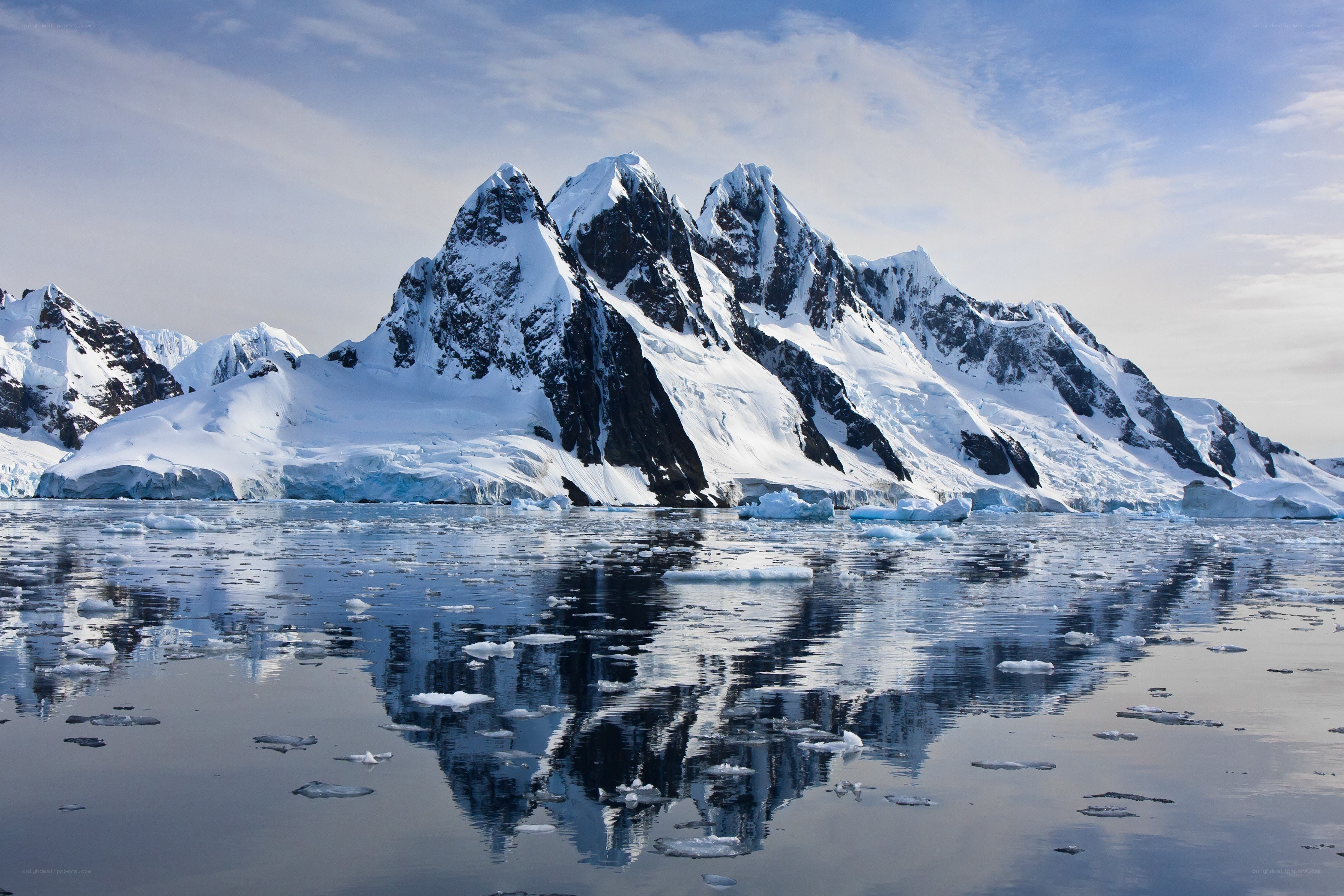 Snowy mountains reflected in water