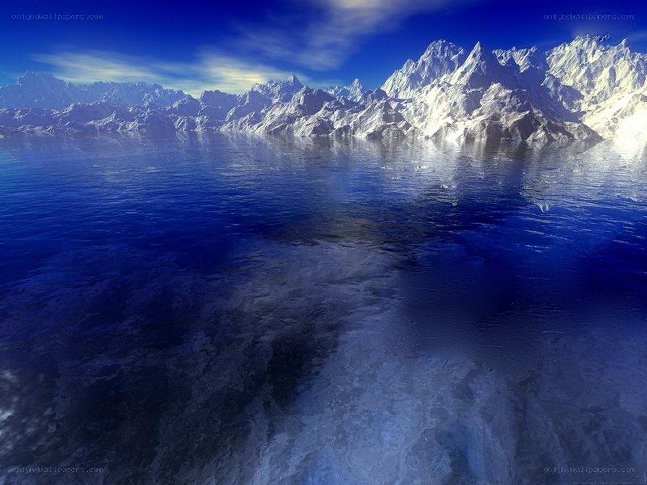 Snowy mountains reflected in water