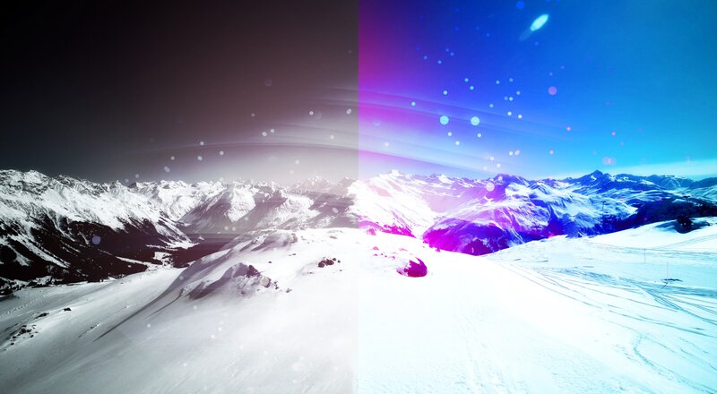 snowy mountains split by color