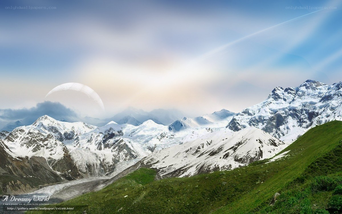 Snowy mountains under a dreamy sky