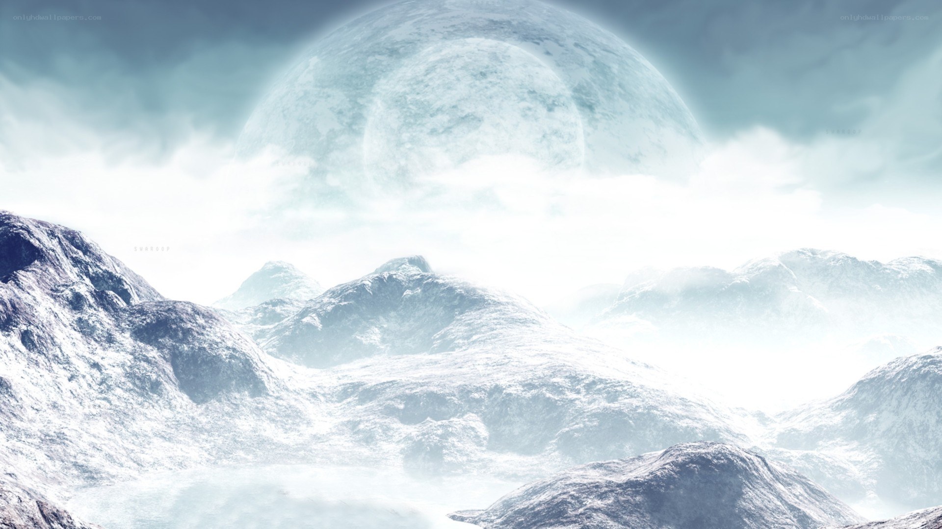 Snowy mountains under a large moon
