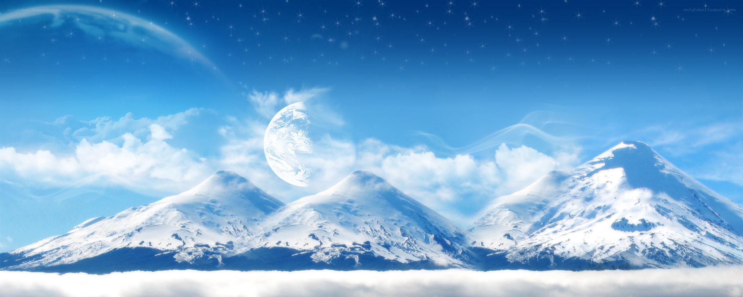 Snowy mountains under a starry sky