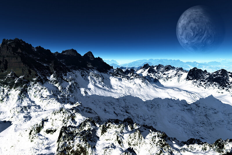 Snowy mountains under alien moon