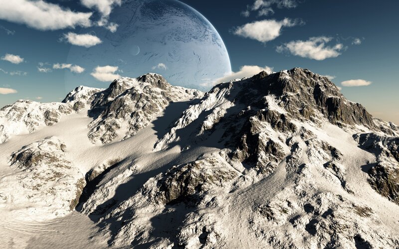 Snowy mountains under alien planet